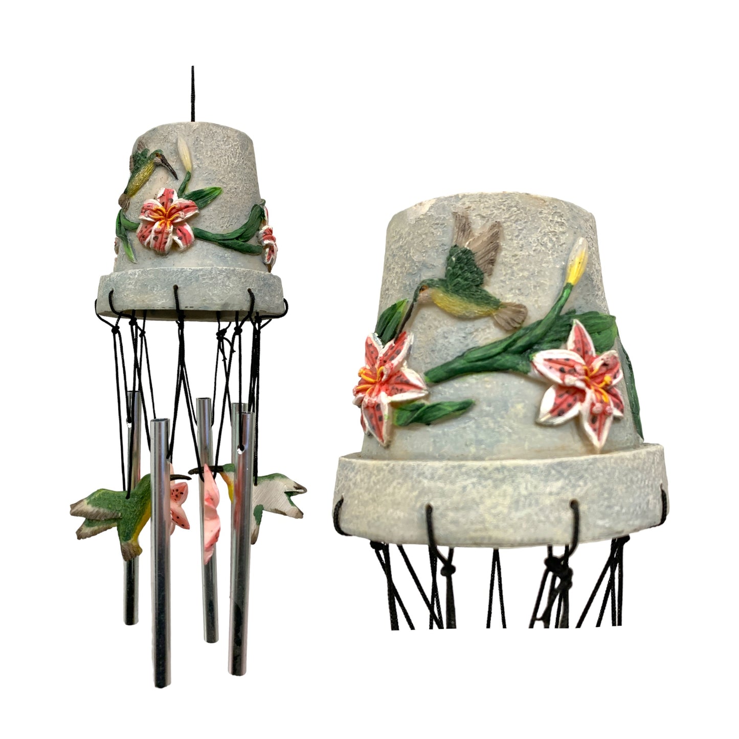 FLOWER POT WIND CHIME - 12 INCH - HUMMINGBIRDS AND LILLIES