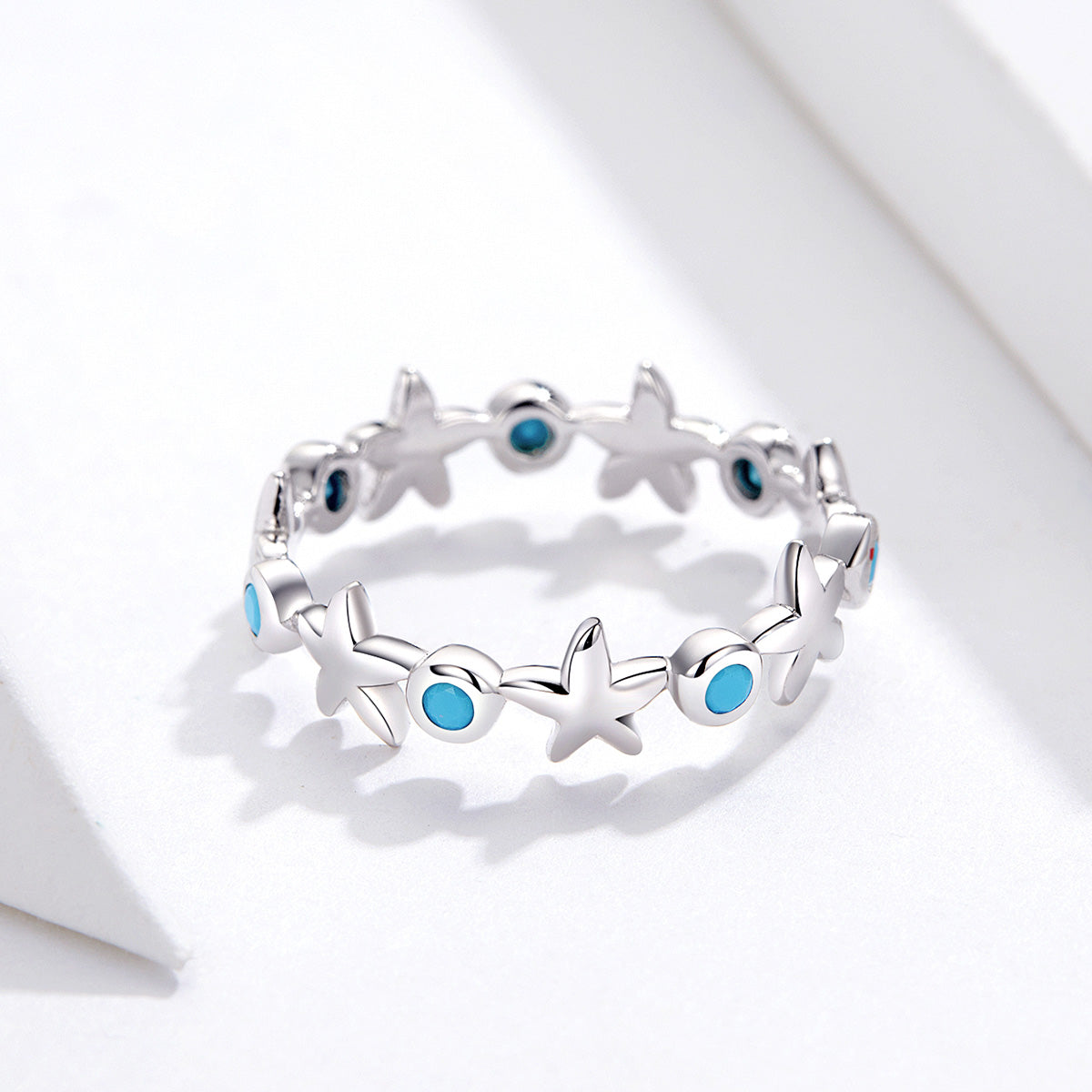 Size 6 - Star Ring with Turquoise inset - Ocean Blue Starfish Stackable Ring - Sterling Silver 925 - NEW622