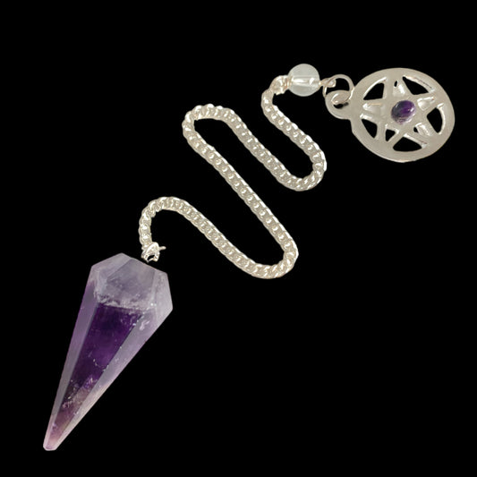 Amethyst Pendulum w Chain and Pentacle - 35-40mm - 6 Facets - 30g - NEW422