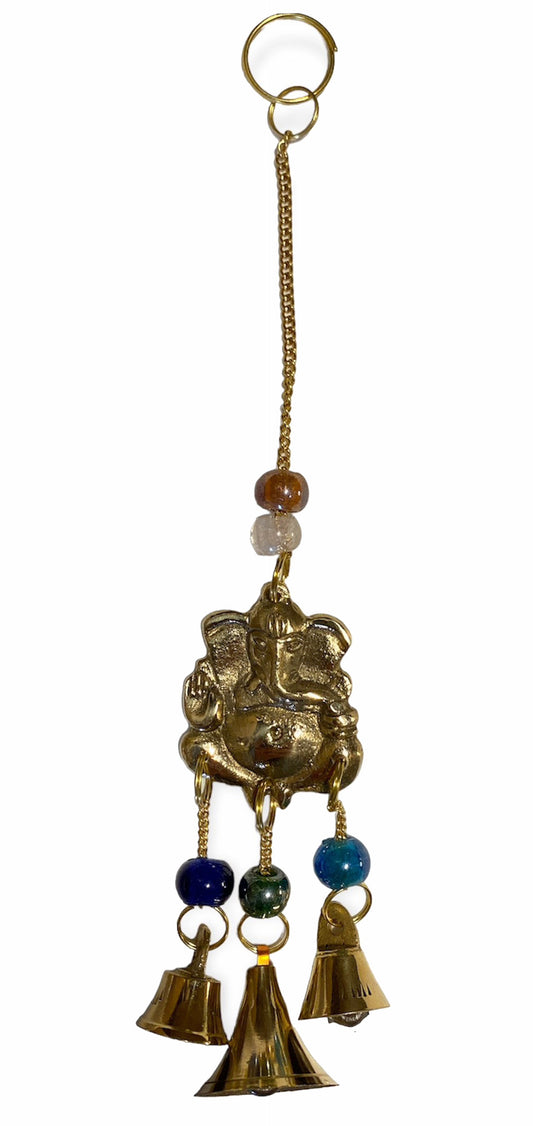 Brass Hanging Bells - Ganesh Design Brass Wind Chime Witch Bells - 9 inch - India - NEW922