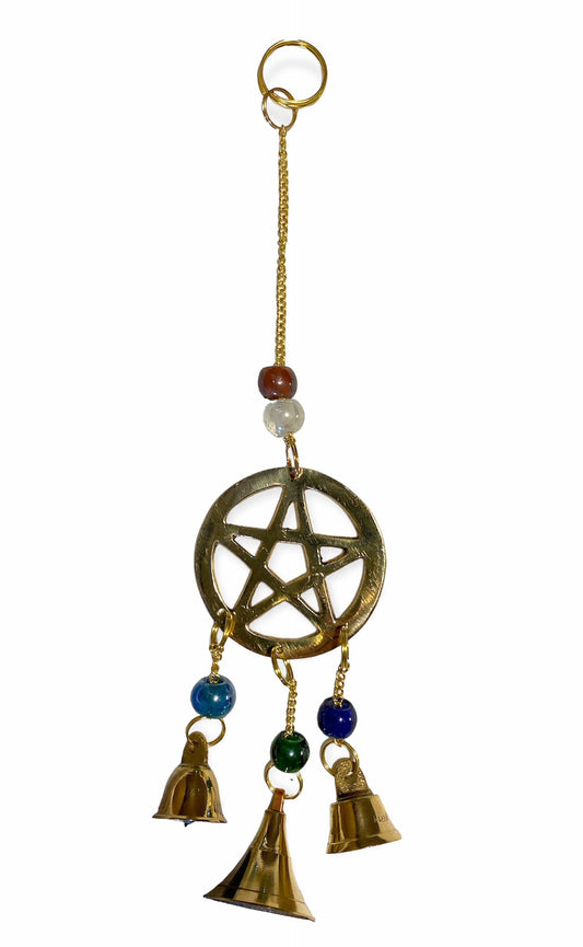 Brass Hanging Bells - Pentacle Pentagram Design Wind Chime Witch Bells - 9 inch - India - NEW922