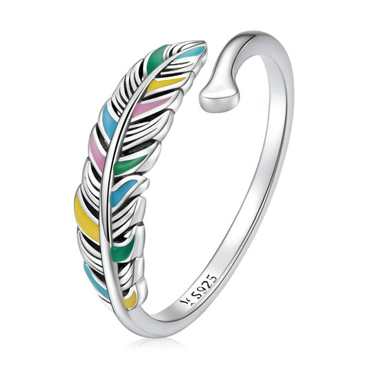 Feather Adjustable Ring - Sterling Silver 925 - Colored Enamel - NEW622
