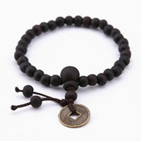 Mala Wood with Brass Coin - Buddhist Bracelet Unisex -Petite - 6-6.5 Inch -