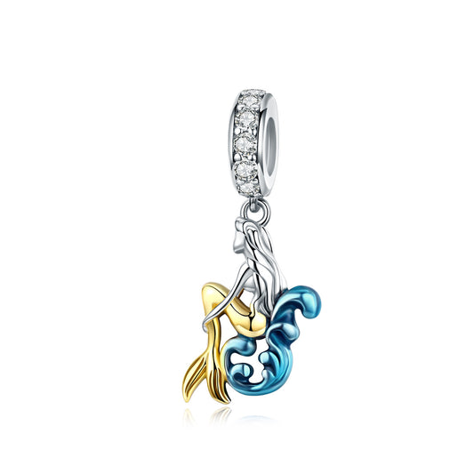 Mermaid Tri color Pendant or Charm with CZ - Sterling Silver 925 - NEW622