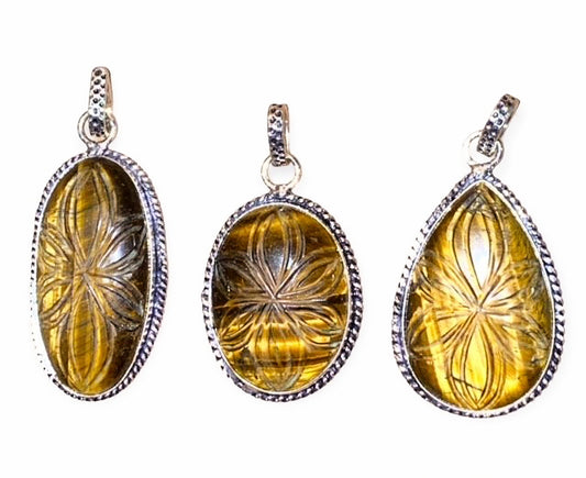 Tigers Eye High Flash Carved Pendant - Assorted Shapes & Sizes - 30-60mm - India - NEW1222