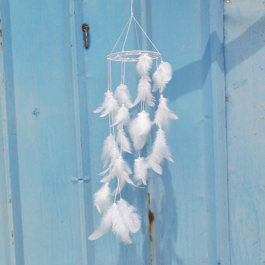 Fashion Dream Catcher - Horizontal Hoop - Natural Feathers - Wood Beads - Nylon Thread - White - 14 x 33cm - NEW1220