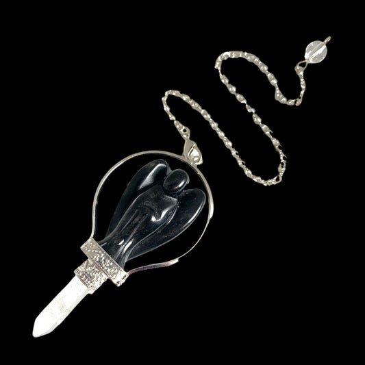 Black Agate Angel Pendulum - Platinum Colour Plated