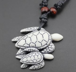 White Turtle Resin Necklace, with Waxed Cotton Cord & Wood, Turtle, imitation ox bone, 38x45mm, Length: Approx 17.5 Inch, Sold By Strand