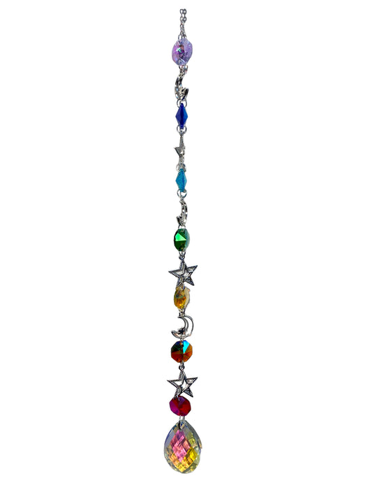 K9 Aura Crystal Hanger Suncatcher Silver Color with Moon & 7 Chakra color Stars - Long - 40cm - China - NEW123