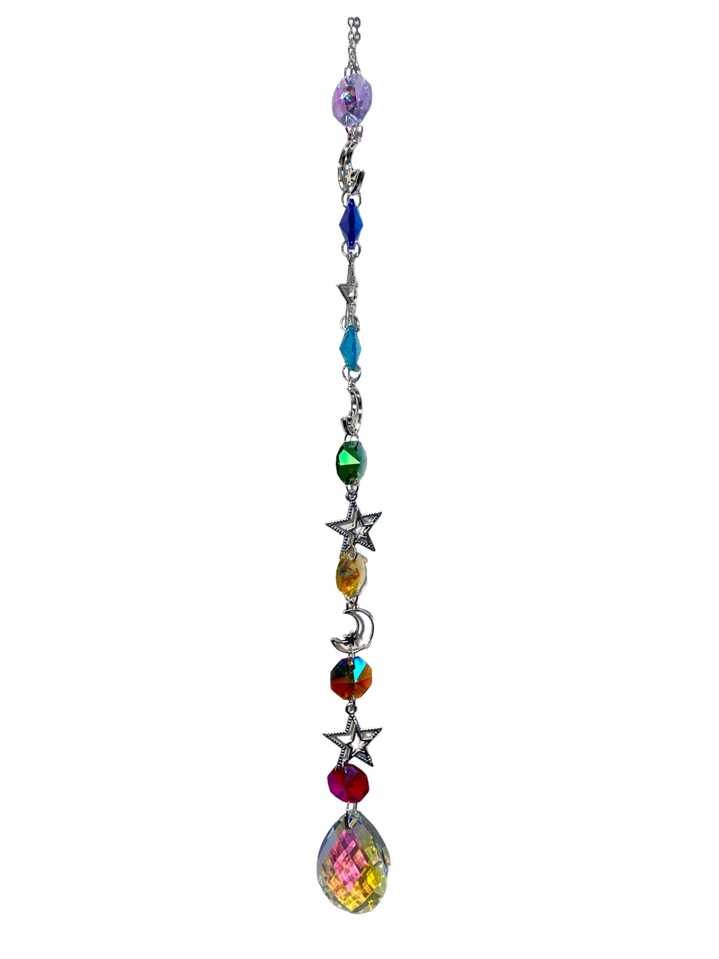 K9 Aura Crystal Hanger Suncatcher Silver Color with Moon & 7 Chakra color Stars - Long - 40cm - China - NEW123