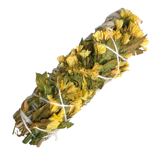 White Buffalo Sage with Sinuata Flowers - Yellow - 4 inch Smudge Sticks - BULK - NEW1021