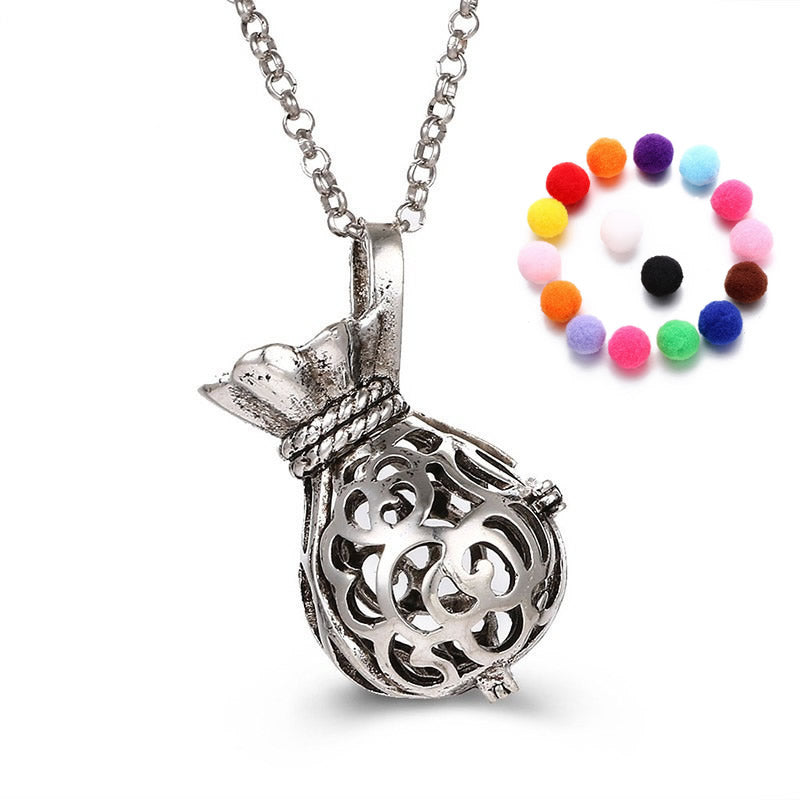 Money Bag BOLA Brass Pregnant Locket Sweater Necklace with Sponge -  Silver Plated - Essential oil diffusion & Rolo chain -  lead & cadmium free - 31 Inch - NEW1023