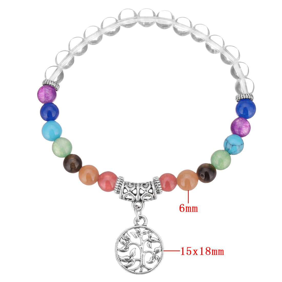 Clear Quartz Bracelet with Mixed Stones & Tree of Life Charm - 6mm Beads -Approx 8 Inch