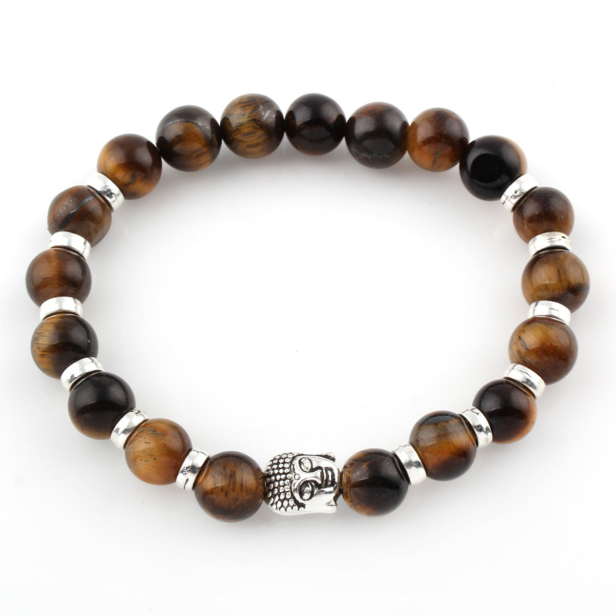 Tiger Eye with Buddha Wrist Mala Bracelet -  Antique Silver Color Plated - Natural & Buddhist jewelry - 8mm Approx. 7.9inch - China
