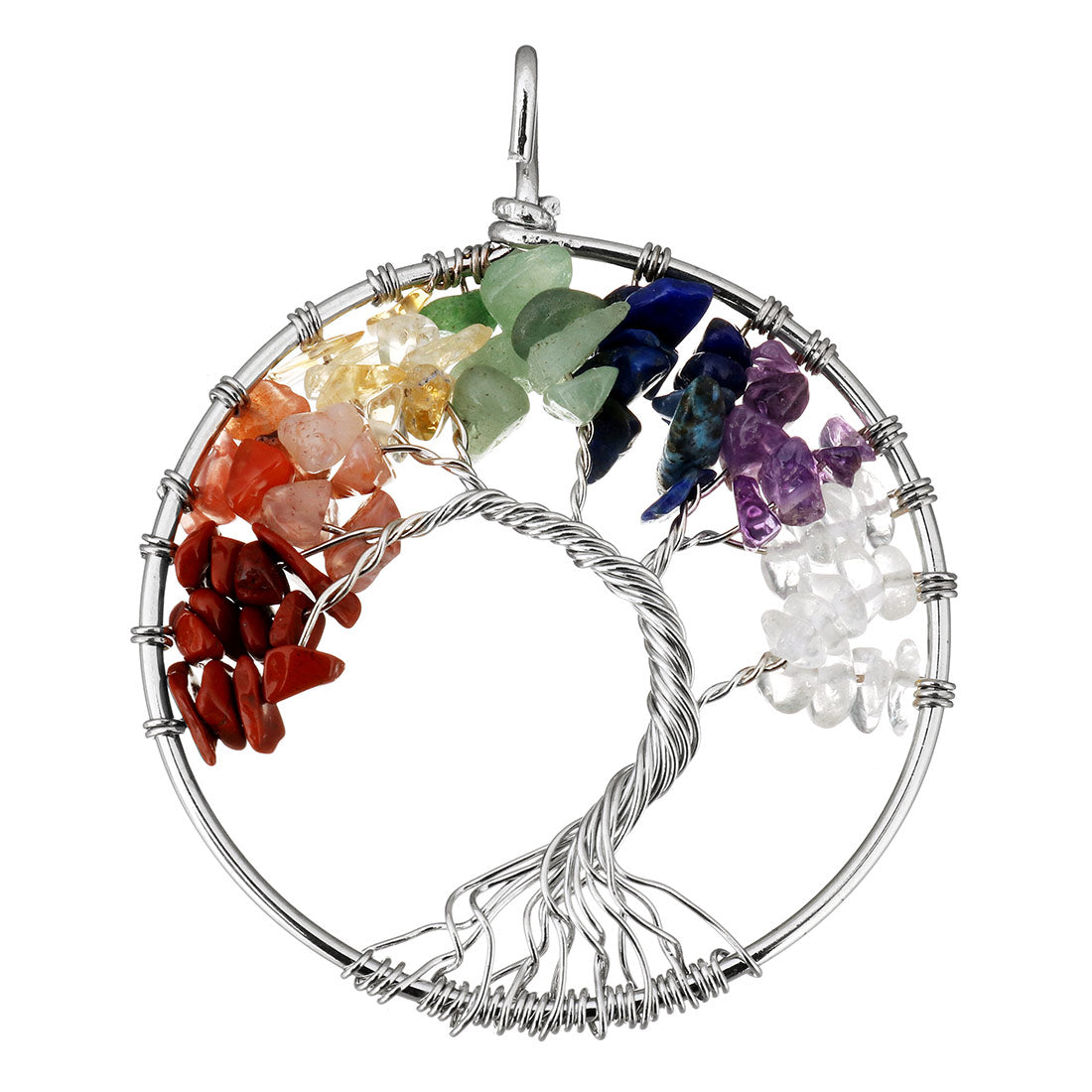 Mixed Gemstone Curved Tree Of Life Pendant - Brass - Plated - Round
