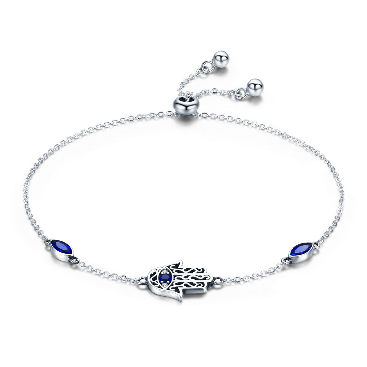 Evil Eye Bracelet Chain with Blue CZ - Sterling Silver 925 - NEW622