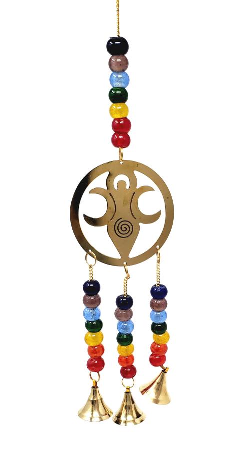 Brass Hanging Bells - Goddess of Earth with Multi-Colored Beads Wind Chime - India - NEW1222