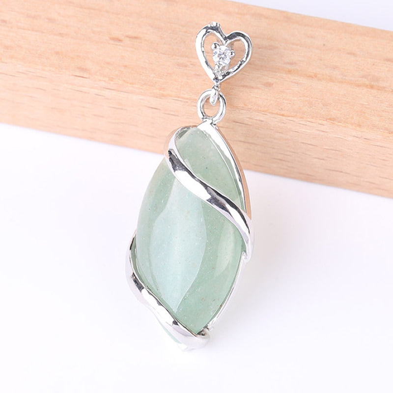 Green Aventurine Gemstone Pendant with Rhinestone - Silver Color Plated Brass -  37x17mm - China - NEW922