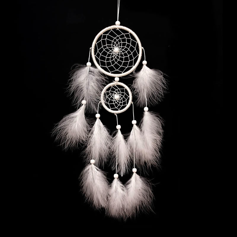 Fashion Dream Catcher with Fabric Wrapped Hoop - Natural Feathers - Wood Beads - White - 40-45cm - NEW1220
