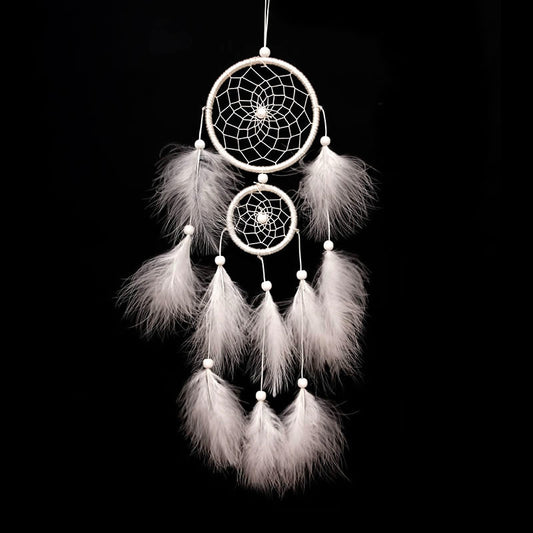 Fashion Dream Catcher with Fabric Wrapped Hoop - Natural Feathers - Wood Beads - White - 40-45cm - NEW1220