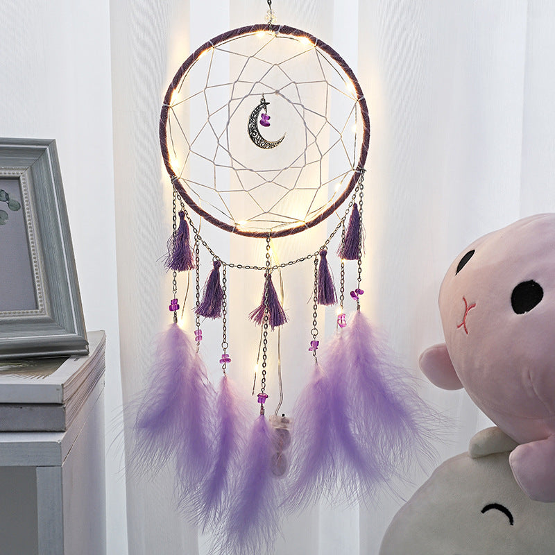 Fashion Dream Catcher with Crescent Moon and Tassels - Metal Chain - Glass Beads - Purple - 16 x 50cm - No Lights - NEW922