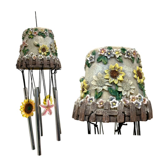FLOWER POT WIND CHIME - 12 INCH - SUNFLOWERS AND FLOWERS