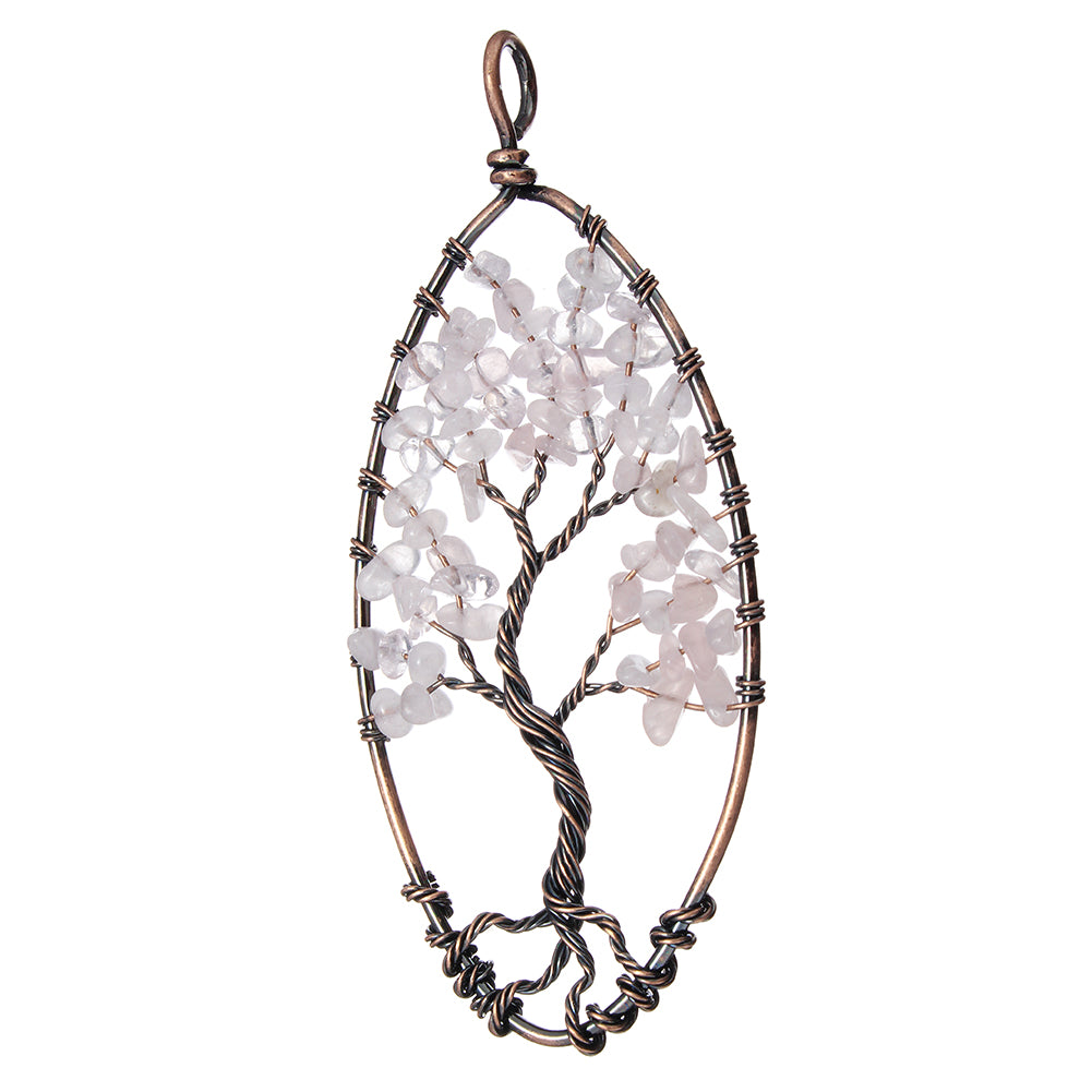 Tree Of Life Pendant - Brass with Rose Quartz Gemstone, Antique Copper Plated