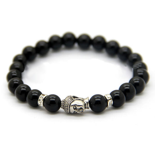 Wrist Mala, Gemstone BLACK AGATE with Zinc Alloy, Buddha, antique silver color plated, natural & Buddhist jewelry, 8mm Approx. 7inch