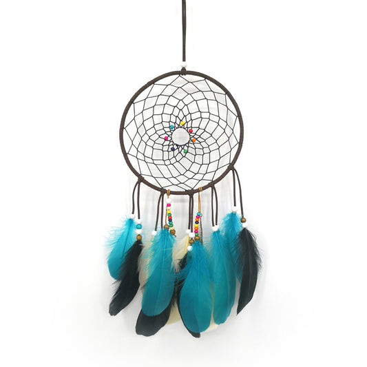 Fashion Dream Catcher with Leaf Charm and Multi-Coloured Wood Beads - Natural and Dyed Feathers - Blue Black White - Leather Cord Wrapped Metal Hoop 16x46cm - NEW1220