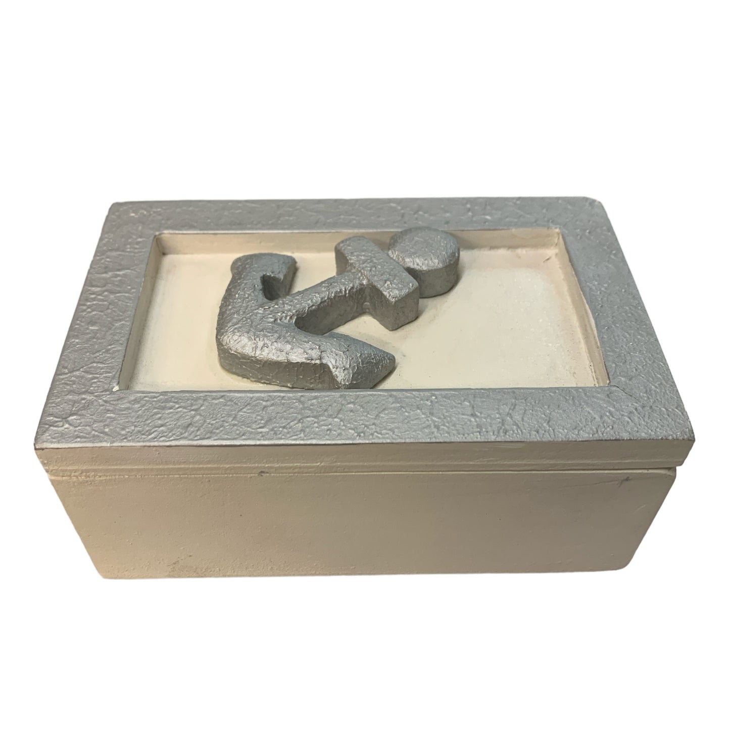 WOODEN JEWELRY BOX- ANCHOR SILVER/WHITE 4.75"x3"x2"