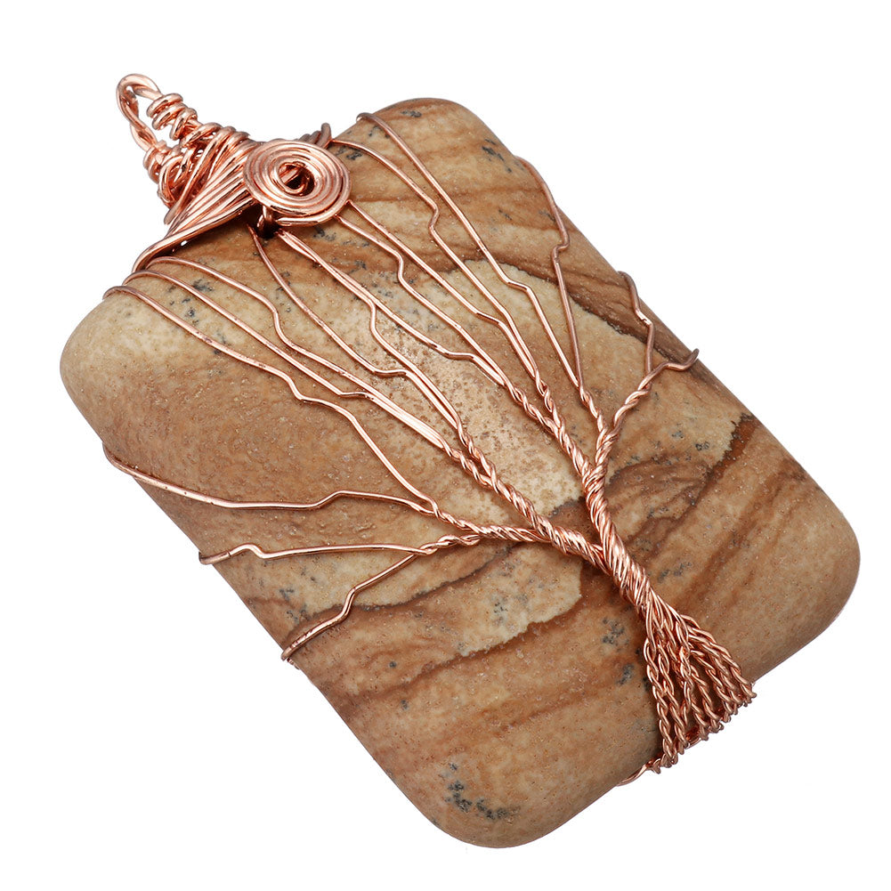 Picture Jasper Brass Tree Pendant - Rectangle - Rose Gold Colour Plated