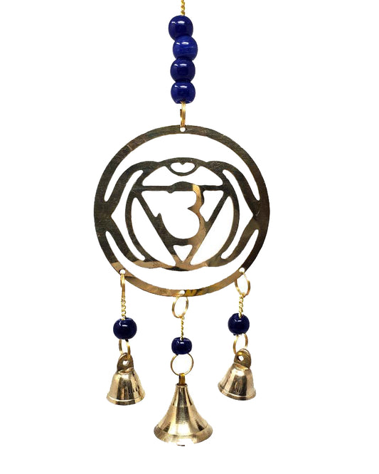 Brass Hanging Bells - Third Eye Chakra with Blue Beads Wind Chime Witch Bells - 11 inch - India - NEW1121