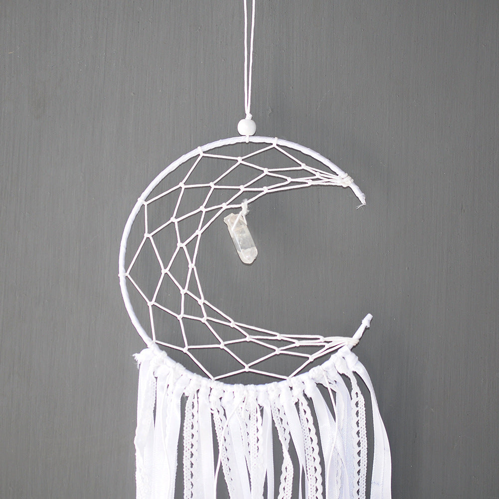 Fashion Dream Catcher 
 - Moon Shape with Clear Quartz Crystal - Cotton Thread with Crochet Satin Ribbon - Natural Feathers - Wood Beads - White Moon - 15x45cm - NEW1220