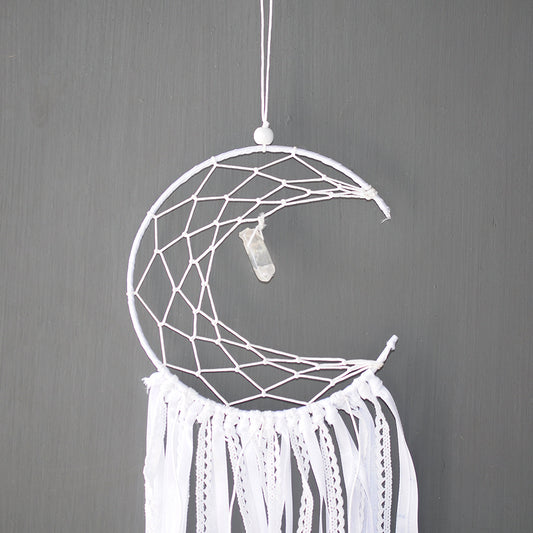 Fashion Dream Catcher 
 - Moon Shape with Clear Quartz Crystal - Cotton Thread with Crochet Satin Ribbon - Natural Feathers - Wood Beads - White Moon - 15x45cm - NEW1220