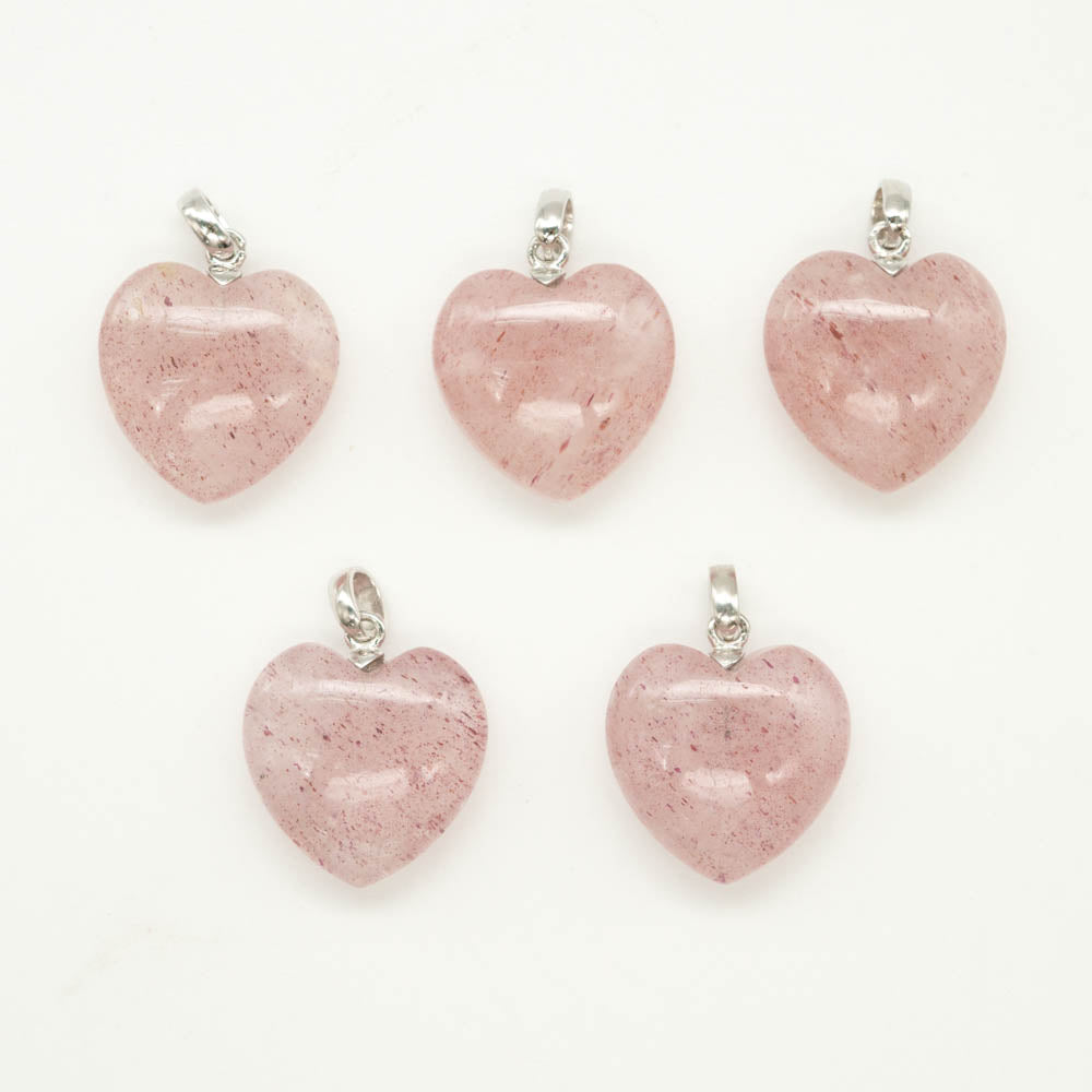 Silver Gemstone Strawberry Quartz Heart 18mm Pendant - NEW921