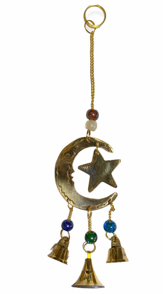 Brass Hanging Bells - Star & Moon Design Wind Chime Witch Bells - 9 inch - India - NEW922