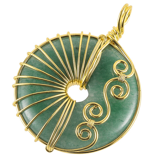 Green Aventurine Wire Wrapped Doughnut Gemstone Pendant - Brass Golden Color Plated - 45x32x8mm - China - NEW1122