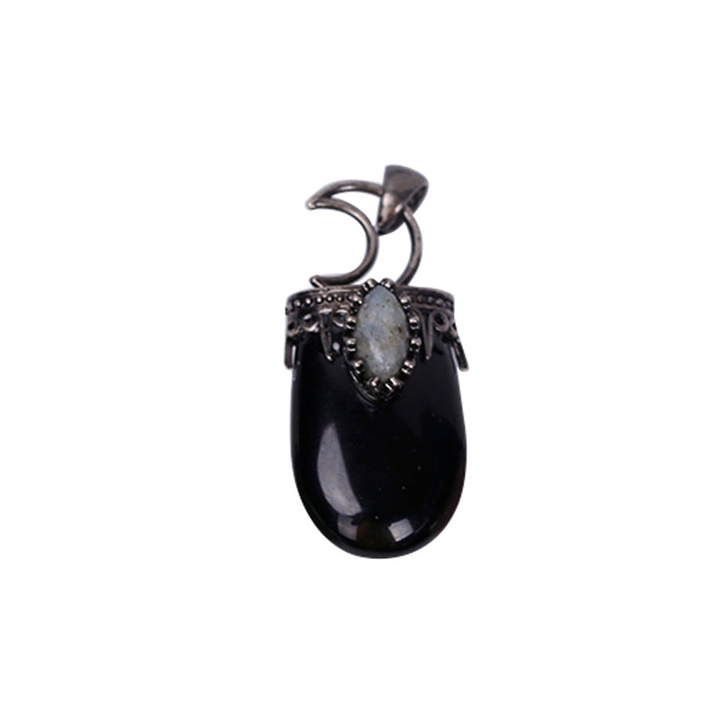 Antiqued Moon Top Pendant with Moon Stone & Black Agate Gem Stone - 20x32mm - NEW1021