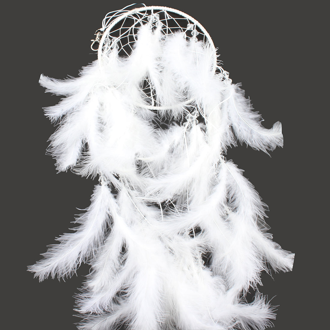 Fashion Dream Catcher - Horizontal Iron Hoop -  Layered Feathers, Cotton, & Synthetic Faceted Beads - White - 58cm