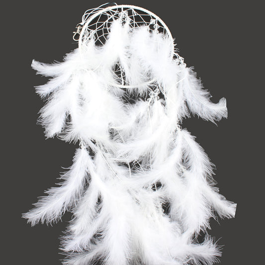 Fashion Dream Catcher - Horizontal Iron Hoop -  Layered Feathers, Cotton, & Synthetic Faceted Beads - White - 58cm
