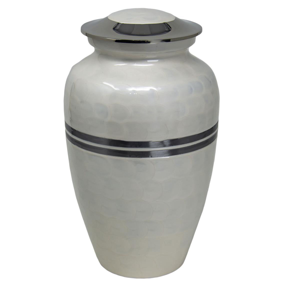 Cremation Urn - Adult - White Enamel with 2 Silver Bands - 10.5 x 6 x 6 inch (210 cubic inches)
