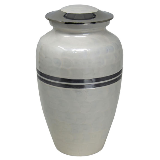 Cremation Urn - Adult - White Enamel with 2 Silver Bands - 10.5 x 6 x 6 inch (210 cubic inches)