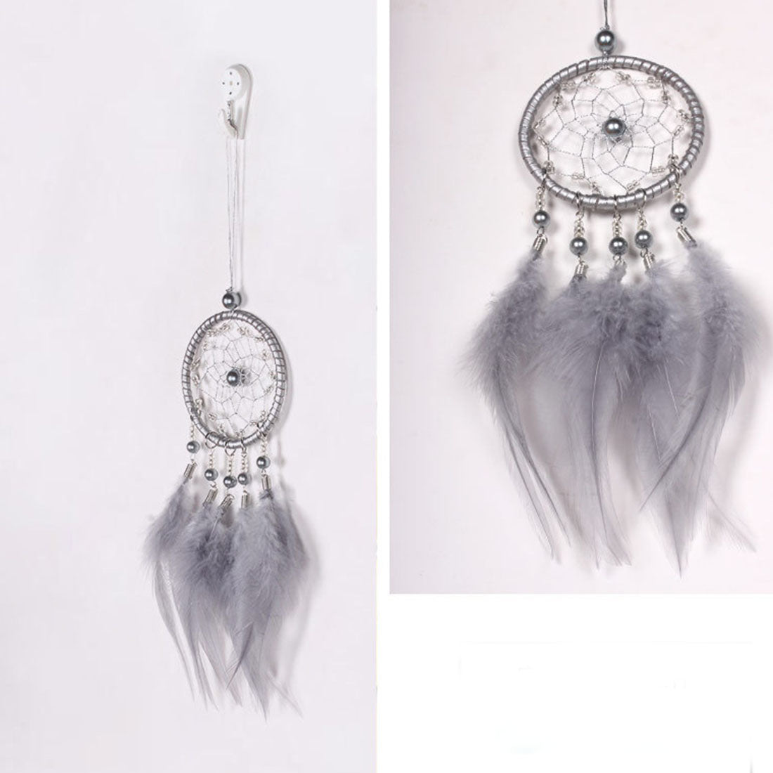 Fashion Dream Catcher with Fabric Wrapped Metal Hoop - Natural and Dyed Feathers, Synthetic Beads - SILVER - 8 x 36cm
