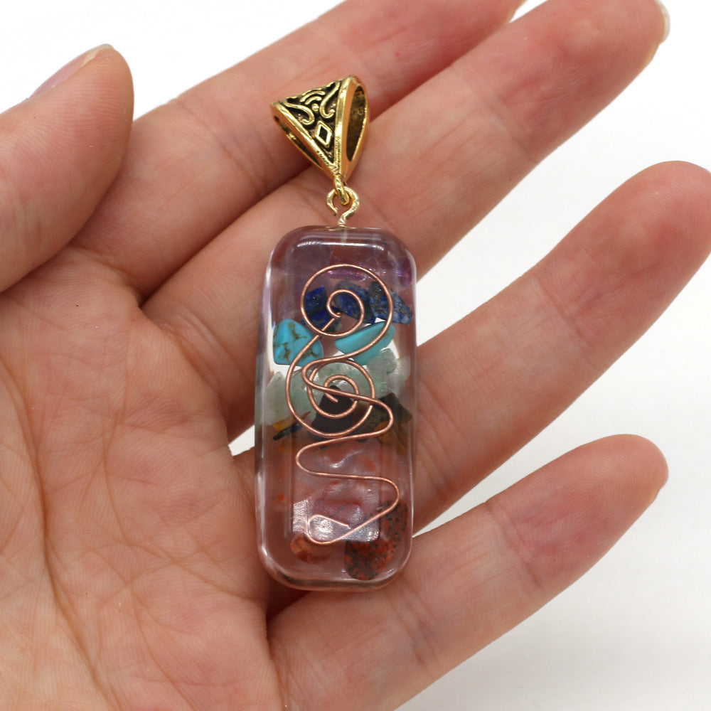 Gemstone Pendant with  Natural Stones & wire in Resin - Rectangle - 18x55mm - NEW421