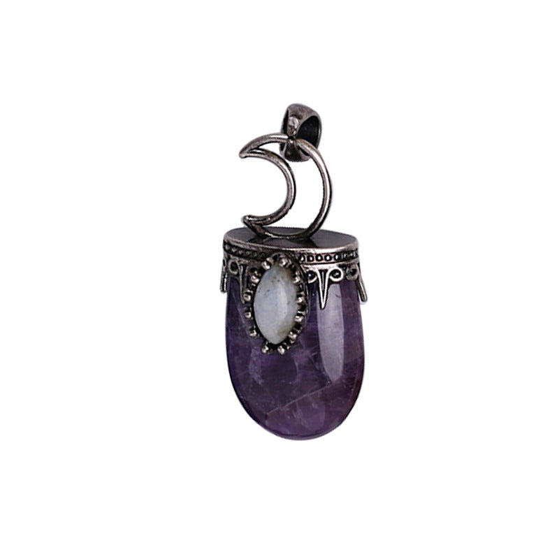 Antiqued Moon Top Pendant with Moon Stone & Amethyst Gem Stone - 20x32mm