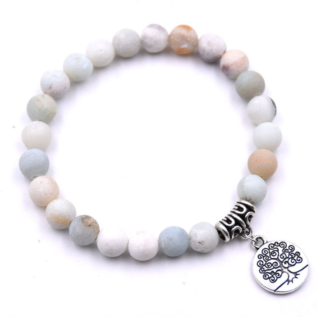 Amazonite Bracelet - Tree Charm - Antique Silver Plated - Length 7.5 inch - Beads 8 mm