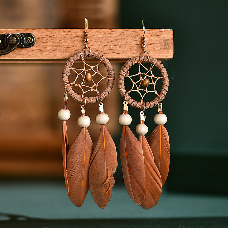 Coffee Feather Dream Catcher Earrings - Zinc Alloy with gold color plated enamel Size:31x115mm