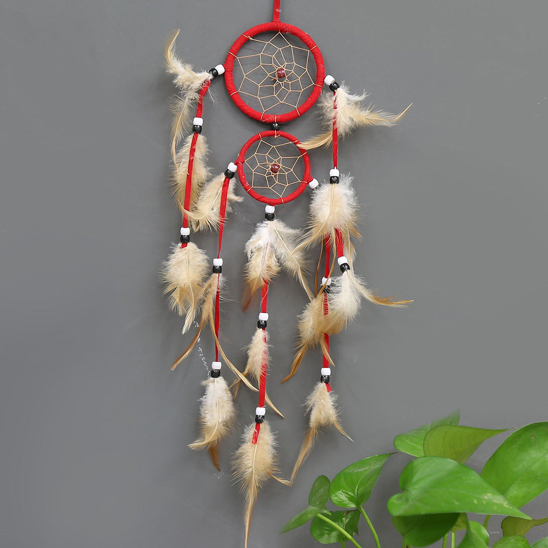 Fashion Dream Catcher with Fabric Wrapped Double Hoops - Natural Feathers - Synthetic Beads - Nylon Cord -RED - 10 x 59cm