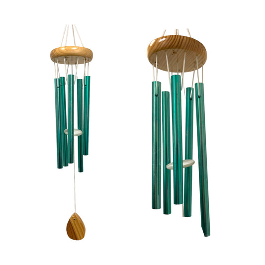 GREEN METAL AND WOOD - 13 INCH - WIND  CHIME SMALL