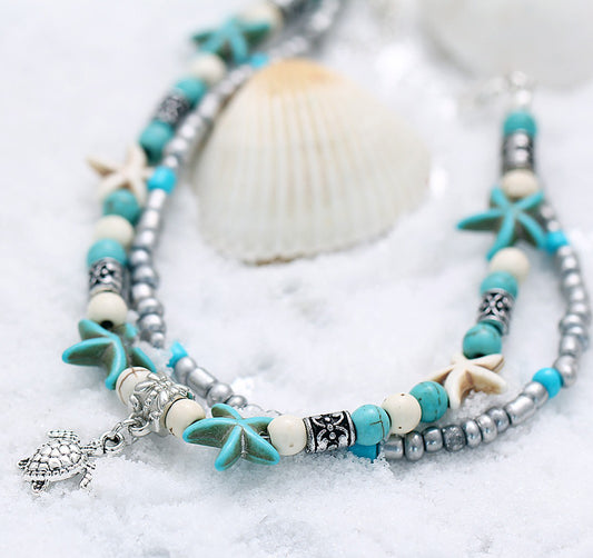 Womans Turtle Starfish Anklet, with Synthetic Turquoise, with 2.3 lnch extender chain plated 11 mm 9.2 Inch